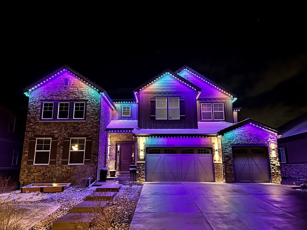 Belle Meade 2 Holiday lighting on a Middle Tennessee home in winter snow